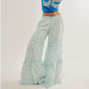 Free People Emmaline Tiered Pull On Baby Blue Combo Floral Wide Leg Pants